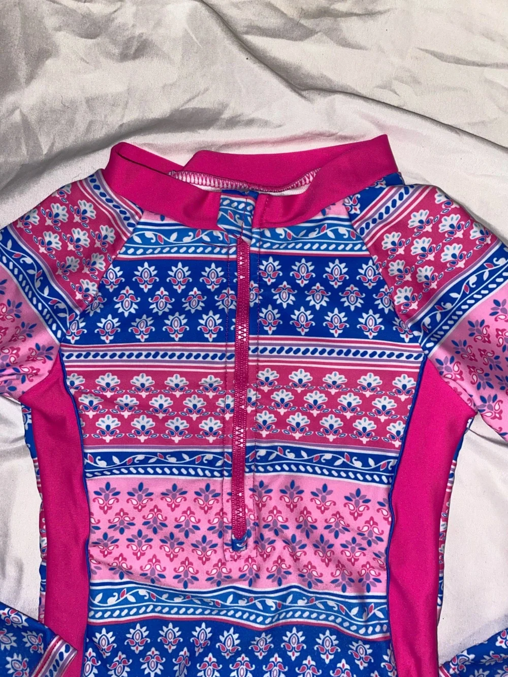 Long-Sleeve Kids One-Piece Swimsuit — Pink & Blue Floral Print